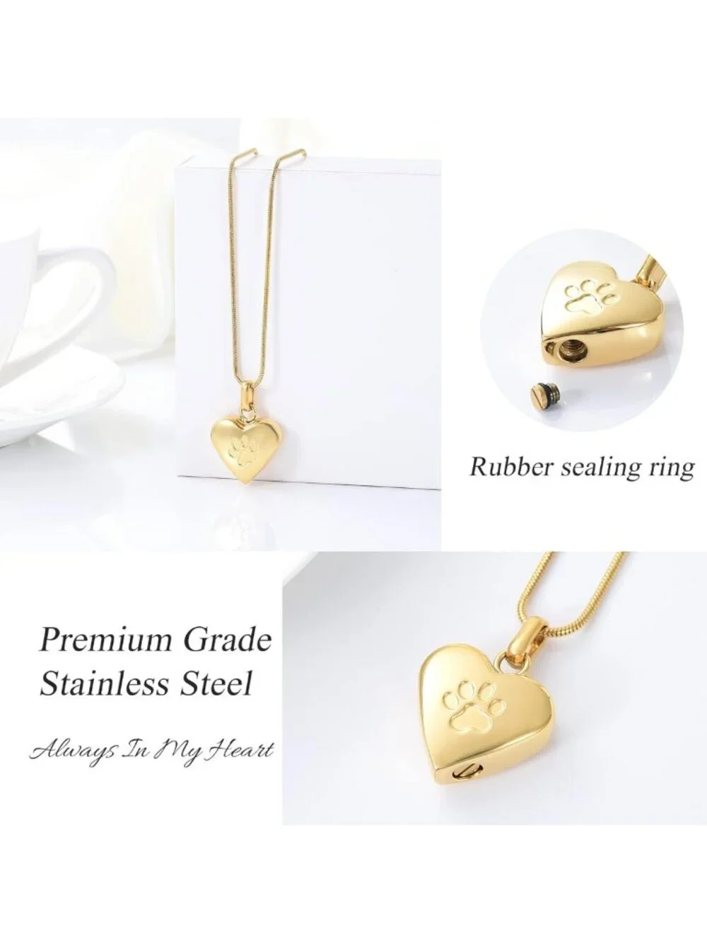Pet Cremation Jewelry for Ashes - Heart Pendant Urn Necklace, Paw Print Memorial